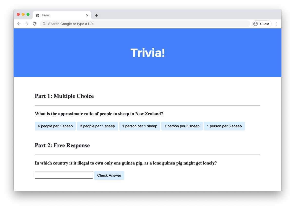 screenshot of trivia questions