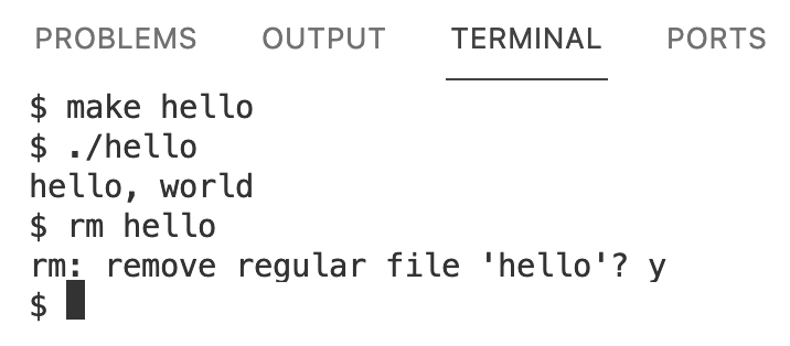 panel labeled terminal with command rm hello