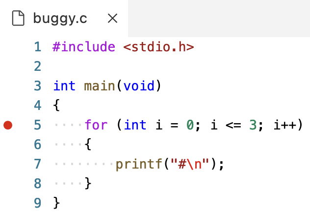 tab labeled buggy.c with red dot next to line 5 of code