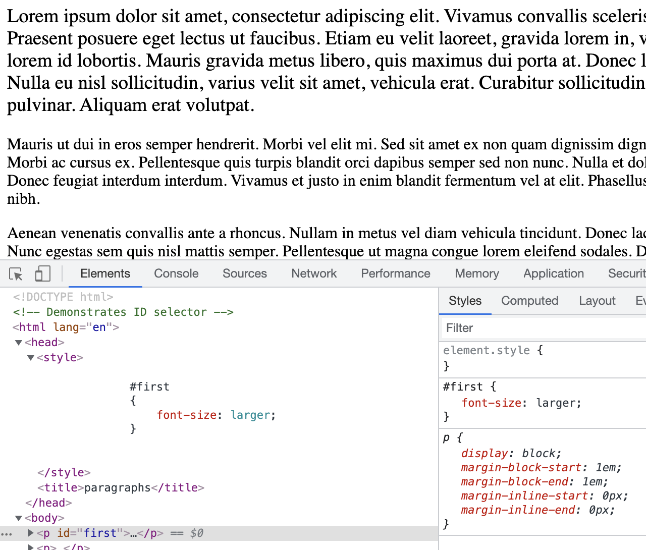 Page with Elements tab showing source code of paragraphs1.html