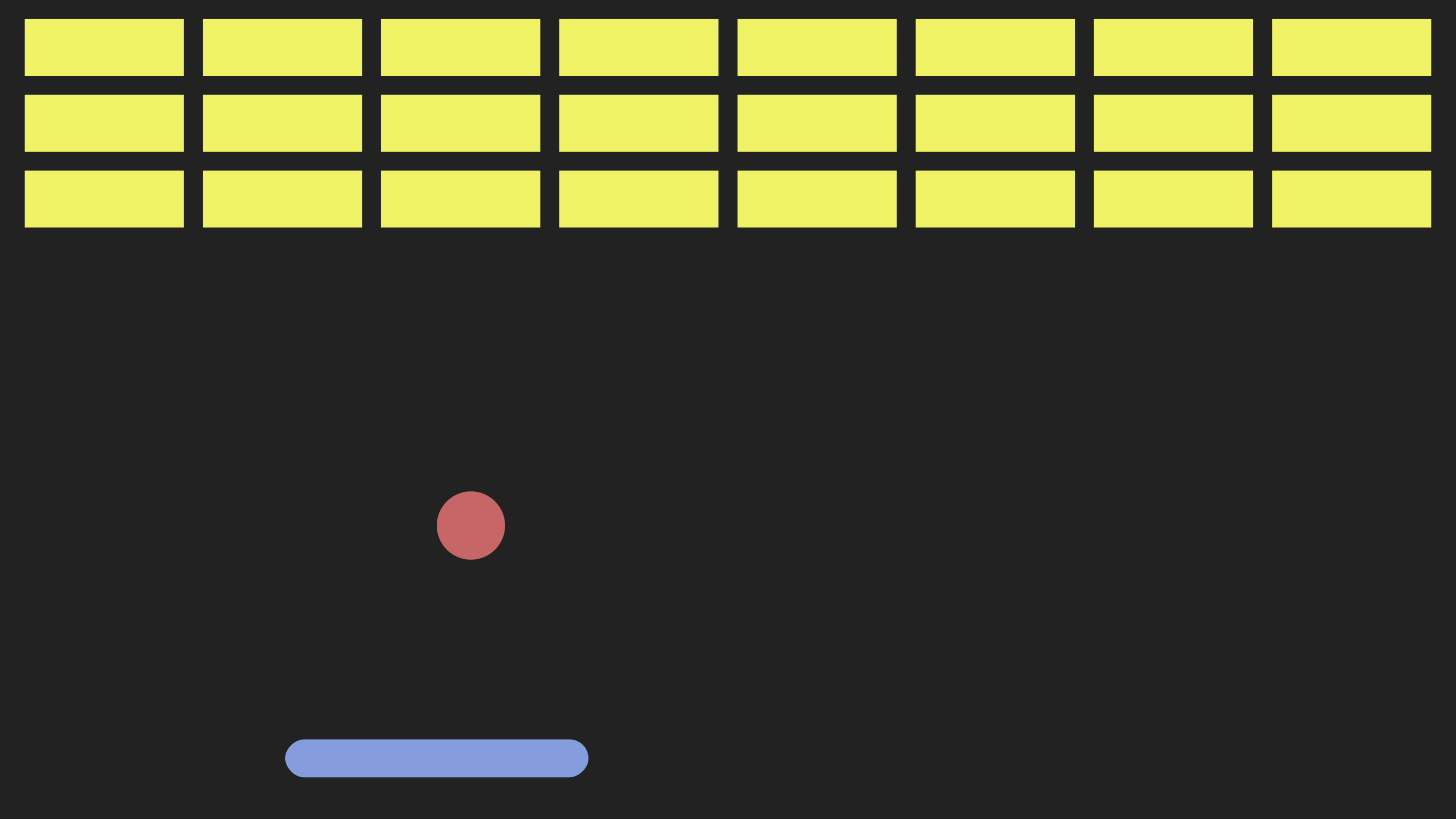 Breakout game with bricks, ball, and paddle