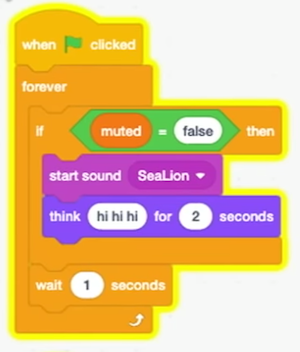 blocks labeled "forever" with if muted = false then" with "start sound SeaLion" and "think hi hi hi for 2 seconds" nested inside, and "wait 1 seconds"