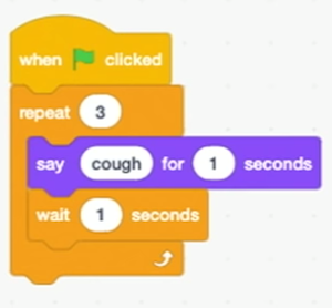 blocks labeled "repeat 3" with "say cough for 1 seconds", "wait 1 seconds" nested inside