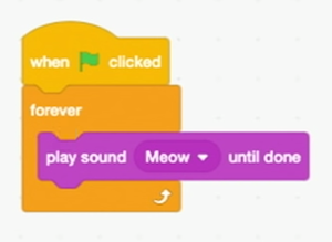 blocks labeled "forever" with "play sound Meow until done" nested inside