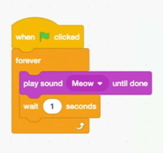 blocks labeled "forever" with "play sound Meow until done" and "wait 1 seconds" nested inside