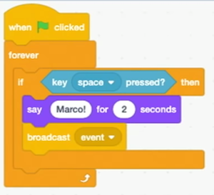 blocks labeled "forever" with if key space pressed? then" with "say Marco! for 2 seconds" and "broadcast event" nested inside