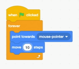 blocks labeled "forever" with "point towards mouse-pointer" and "move 10 steps" nested inside
