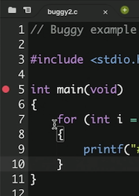 code editor with red icon next to line 5 of code
