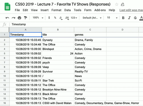 image of Google Sheets spreadsheet with row 1 having cells "Timestamp", "title", and "genres", with row 2 having cells "10/28/2019 15:03:45", "Dynasty", "Drama, Family", and so on