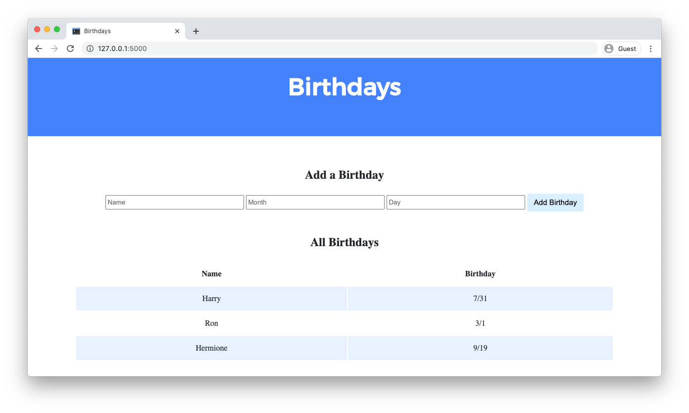 screenshot of birthdays website
