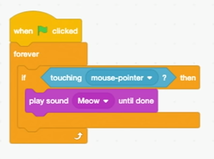 blocks labeled "forever" with "if touching mouse-pointer? then" and "play sound Meow until done" nested inside