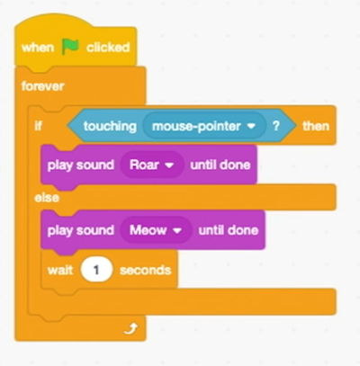 blocks labeled "forever" with "if touching mouse-pointer? then" and "play sound roar until done" nested inside, and "else", "play sound Meow until done", "wait 1 seconds"