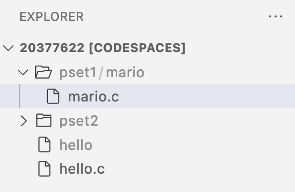 panel labeled explorer with folder pset1/mario and file mario.c, folder pset2, file hello, and file hello.c