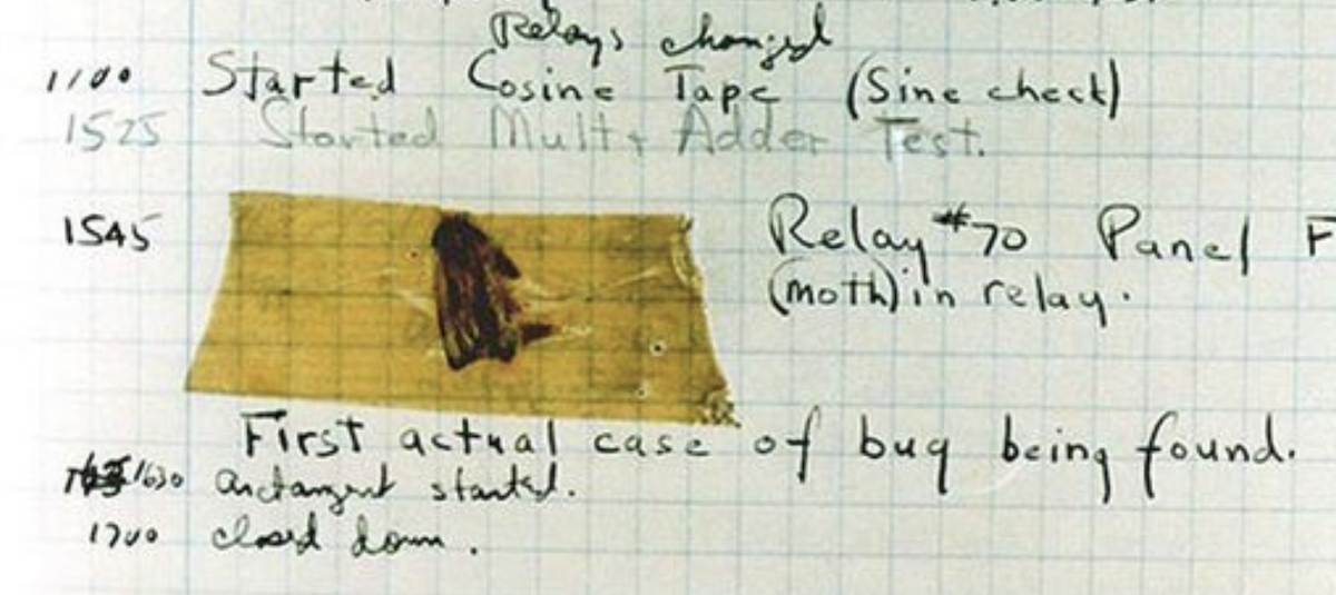 logbook with insect and caption First actual case of bug being found