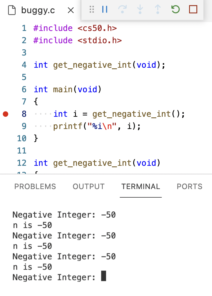 tab labeled buggy.c with red dot next to line 8 and terminal panel with Negative Integer: -50 repeated