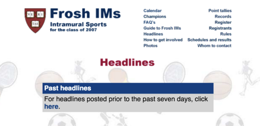 Web page with Frosh IMs and Headlines, with links to other pages like Calendar and Register