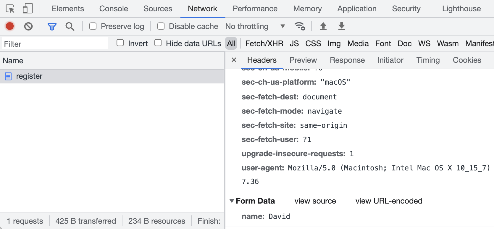 register request with only name: David in Form Data