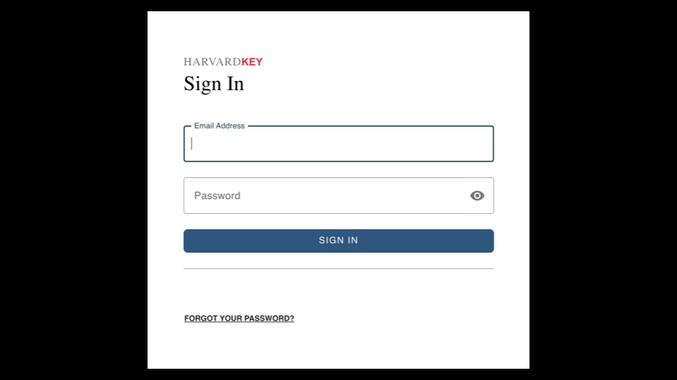 harvard key login screen with username and password fields