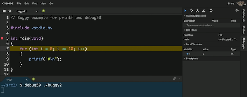 debugger panel with controls, variables