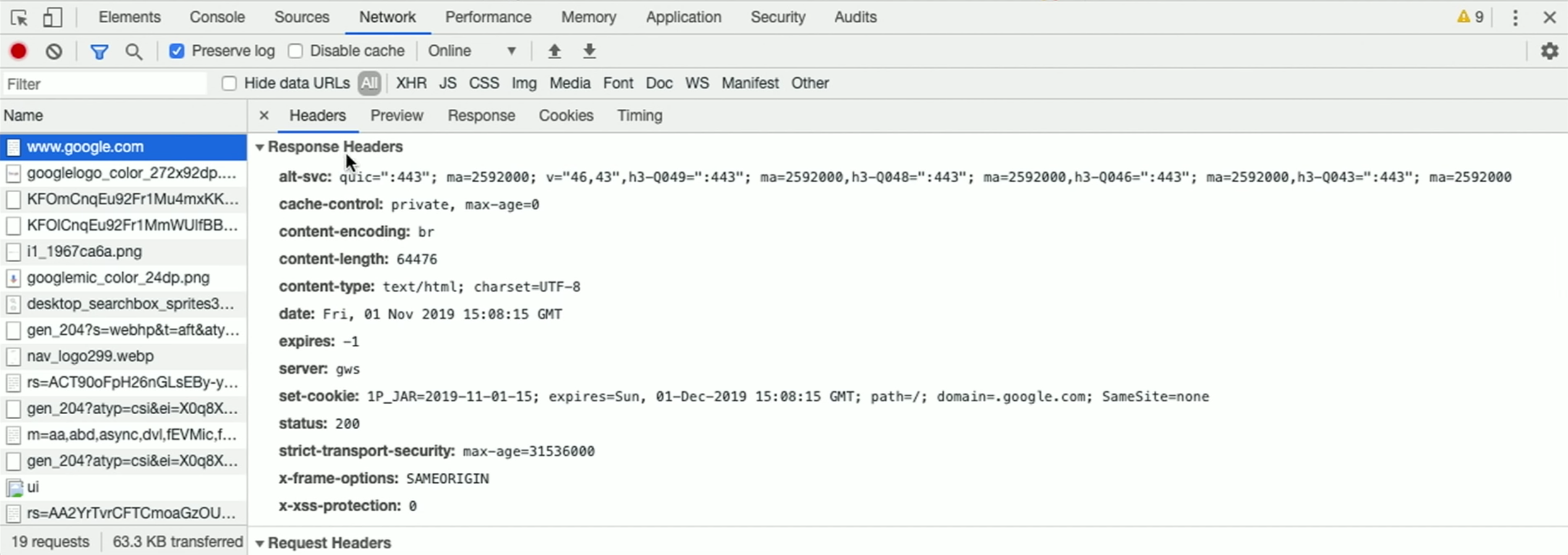 image of Google Chrome request with line labeled set-cookie and some values