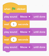 blocks labeled "play sound Meow until done" and "wait 1 seconds", repeated three times