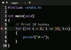 code editor with red icon next to line 6 of code