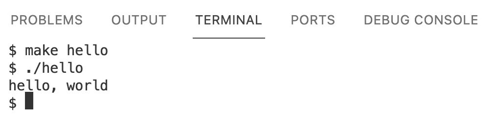panel labeled terminal with command make hello, command ./hello, and hello, world as output