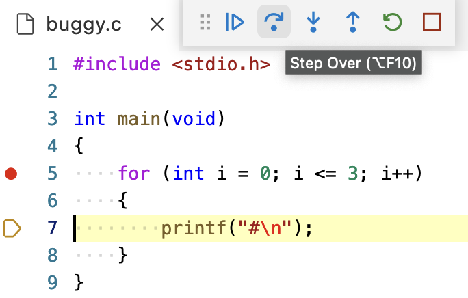 button labeled Step Over with arrow pointing to line 7, with line 7 highlighted in yellow