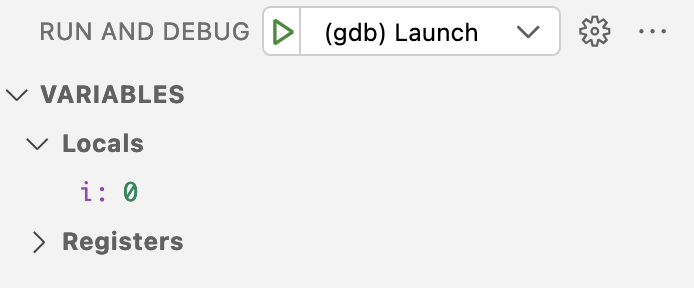 panel labeled Run and Debug with section labeled Variables and i with value of 0