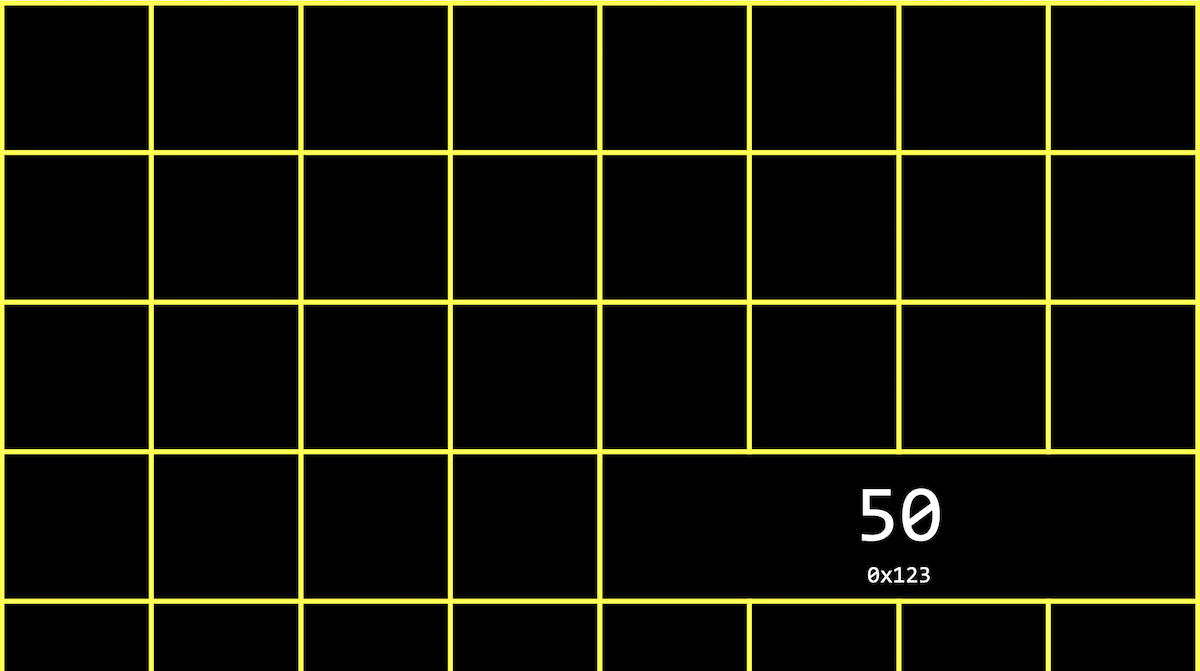 grid representing bytes, with four boxes together containing 50 with small 0x123 underneath