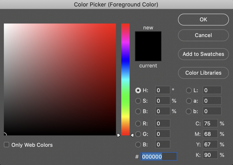 a gradient of colors with black selected, 0 for R, G, B values, a hexadecimal value of #000000, and other values