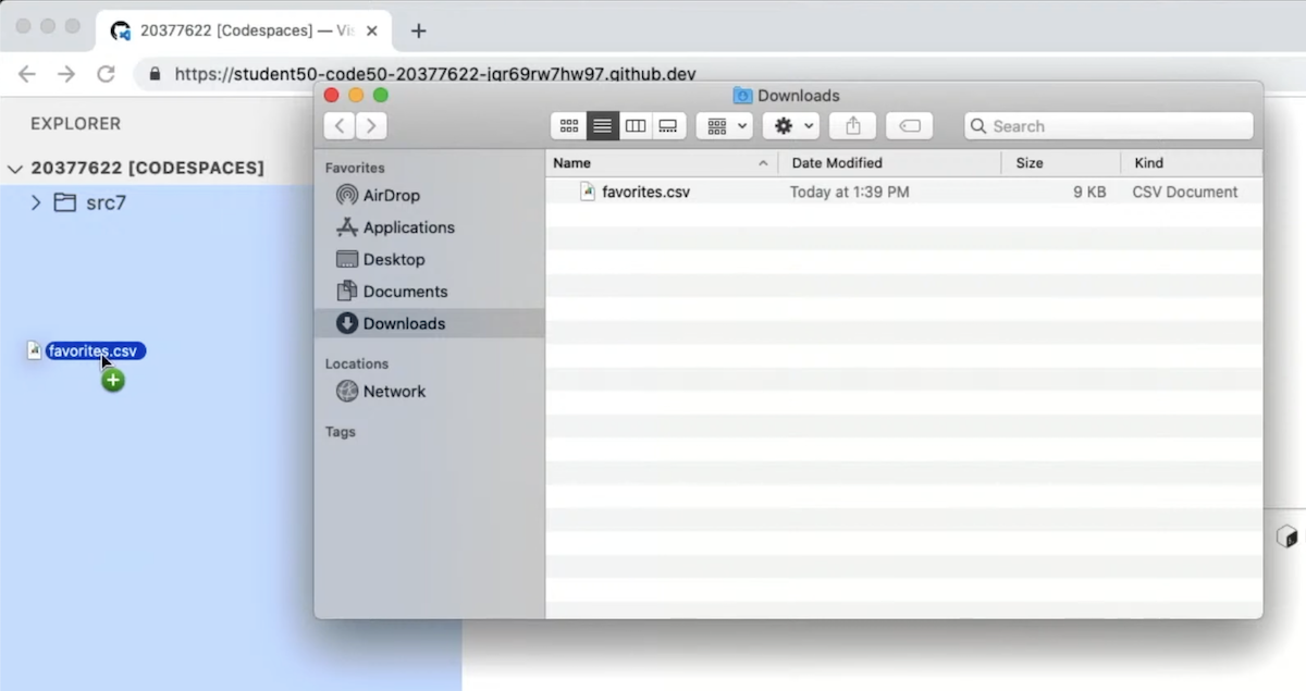 file favorites.csv dragged from Finder window into VS Code explorer
