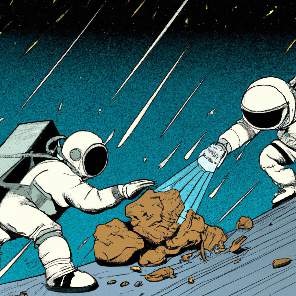 NASA astronauts cleaning a big meteorite, in the style of a science-fiction comic