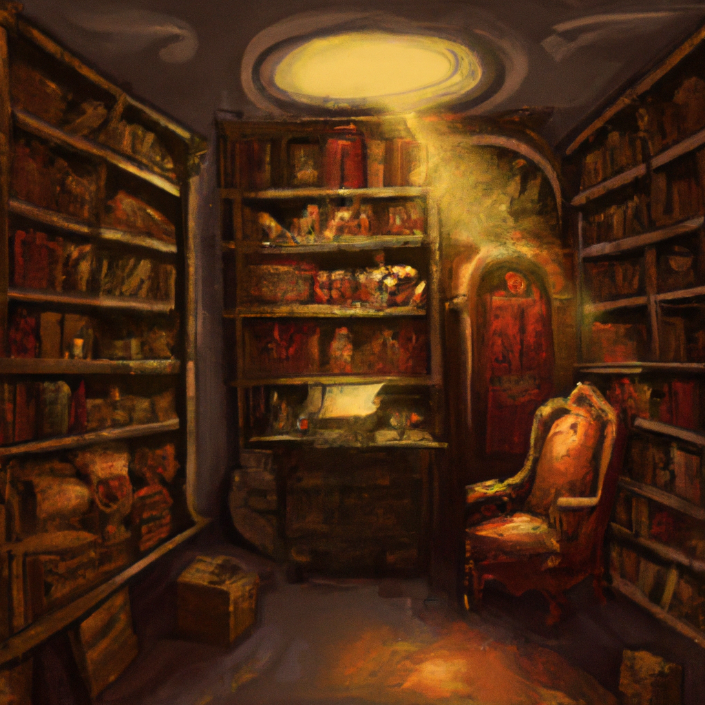 A detective's library in the style of an oil painting