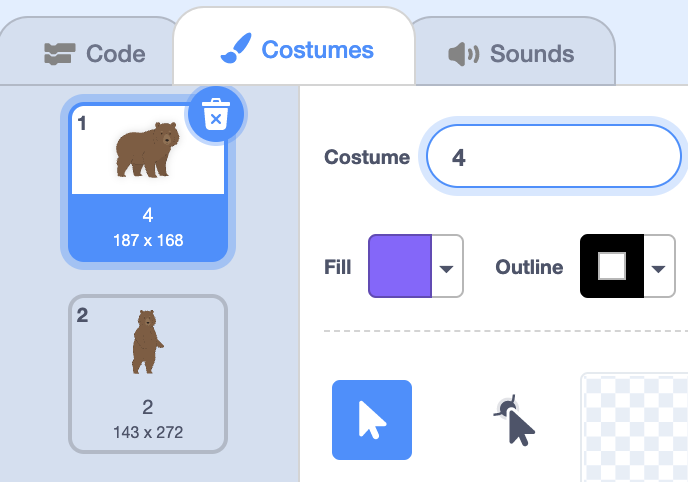 Costume tab for bear with costumes named 4 and 2