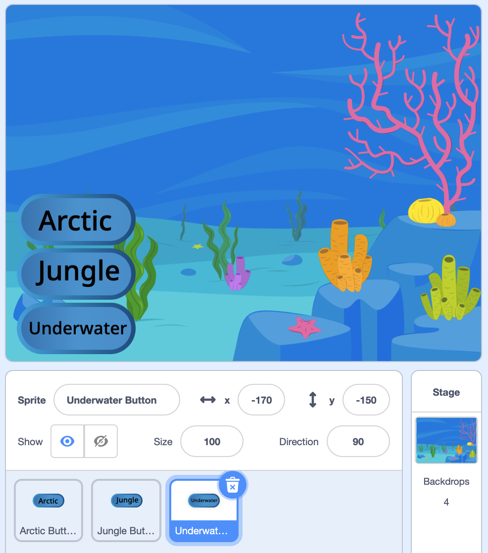 button stacked on stage, labeled Arctic, Jungle, Underwater