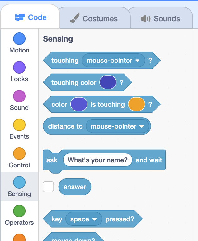 ask block and answer block in Sensing category of code blocks