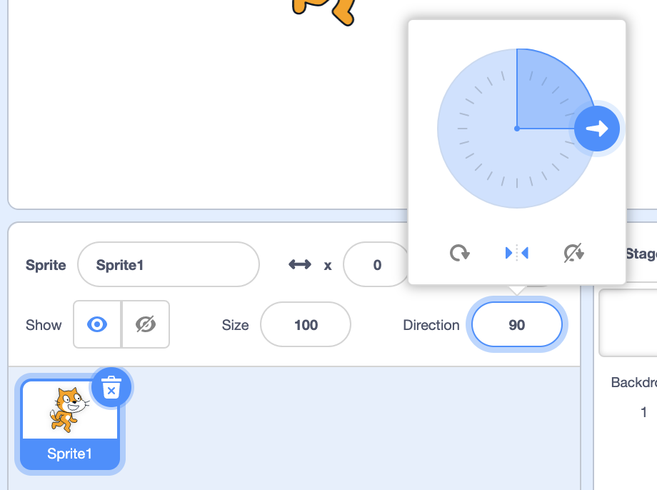 Direction dial for sprite with left and right rotation style selected