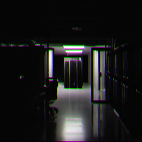 An empty server room in an office at night, in the style of a detective noir