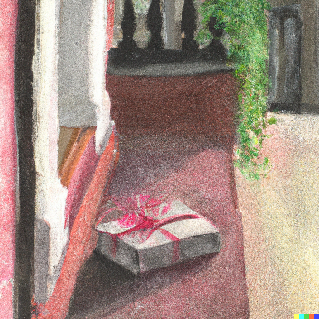 A gift-wrapped package for a birthday, on a city doorstep, in the style of a plein air painting