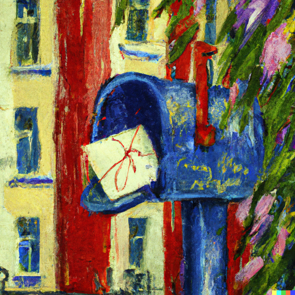 A congratulatory letter in a city mailbox, in the style of a plein air painting