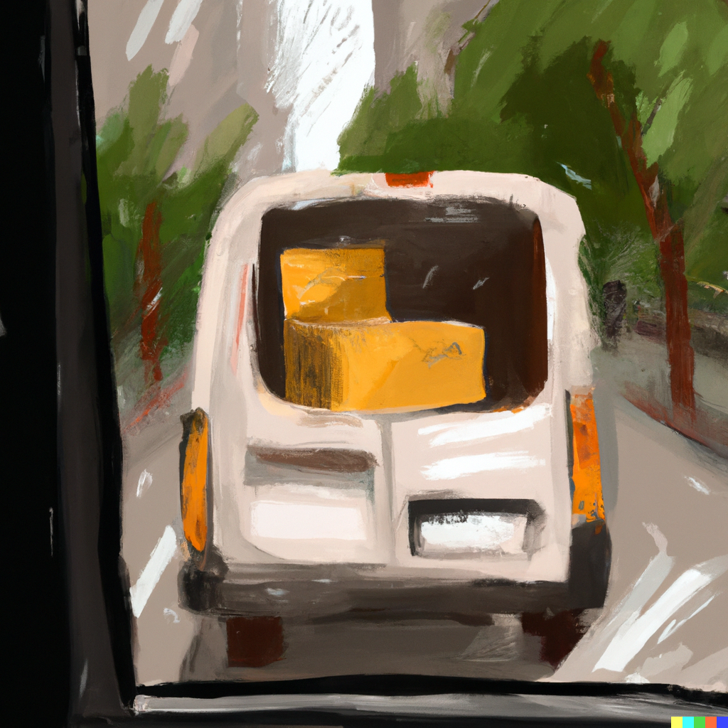 A small package, in the back of a modern delivery van driving in the city, in the style of a plein air painting