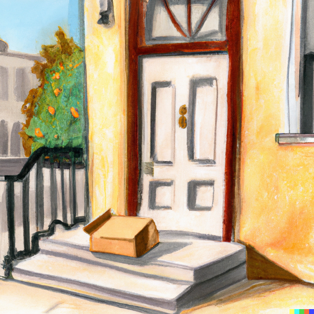 A cardboard package on the doorstep of a charming townhome, in the style of a plein air painting