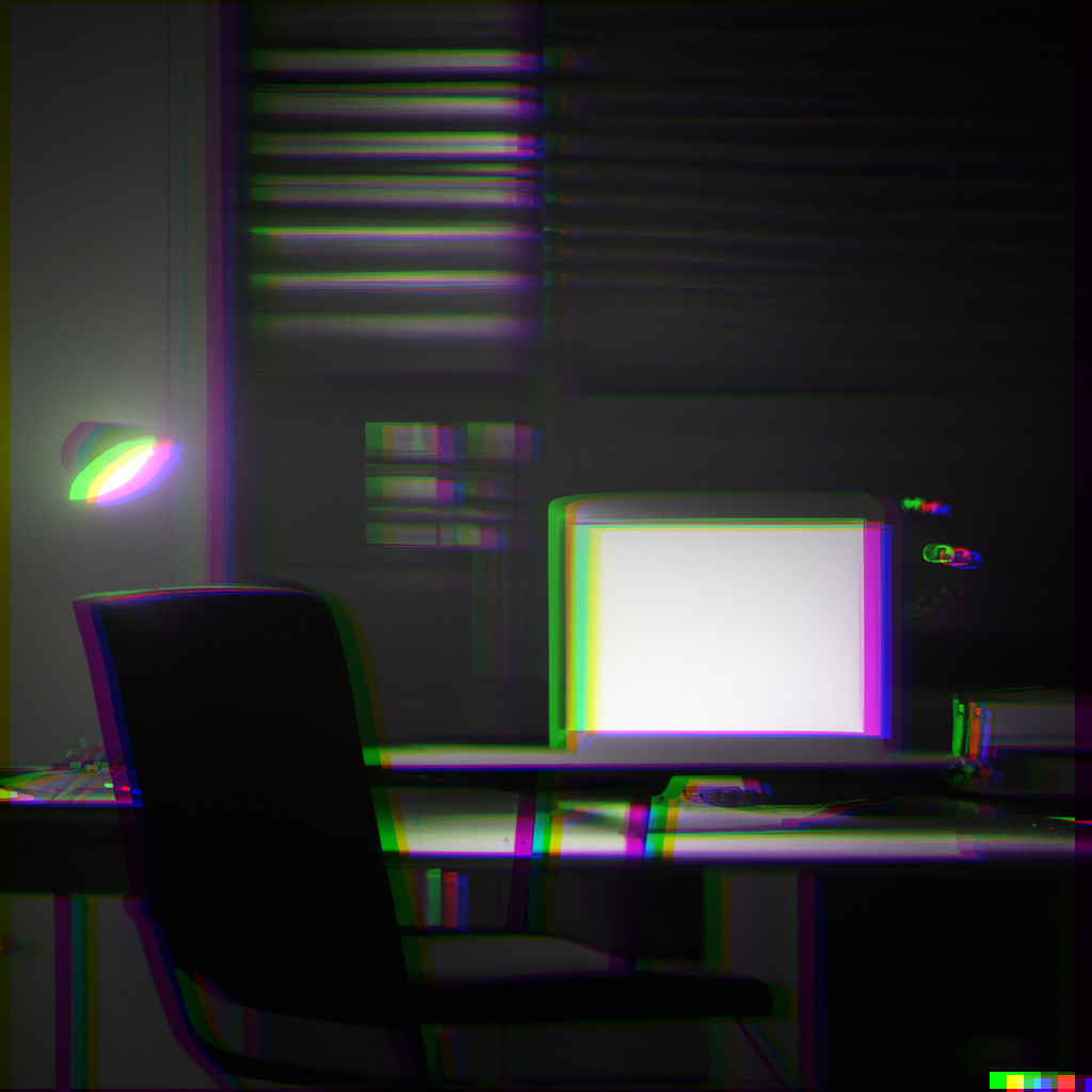 A single desktop computer sitting on a desk in an empty office at night, in the style of a detective noir