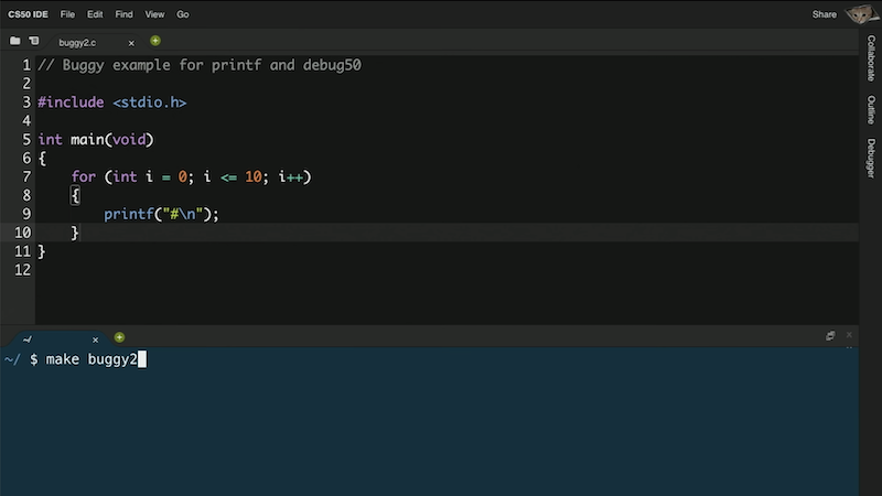 browser window with CS50 IDE, code editor on top with buggy2.c, terminal window on bottom