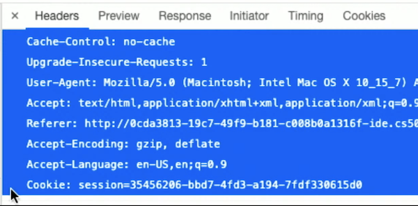 Headers tab for a request with Cookie: session=... among others