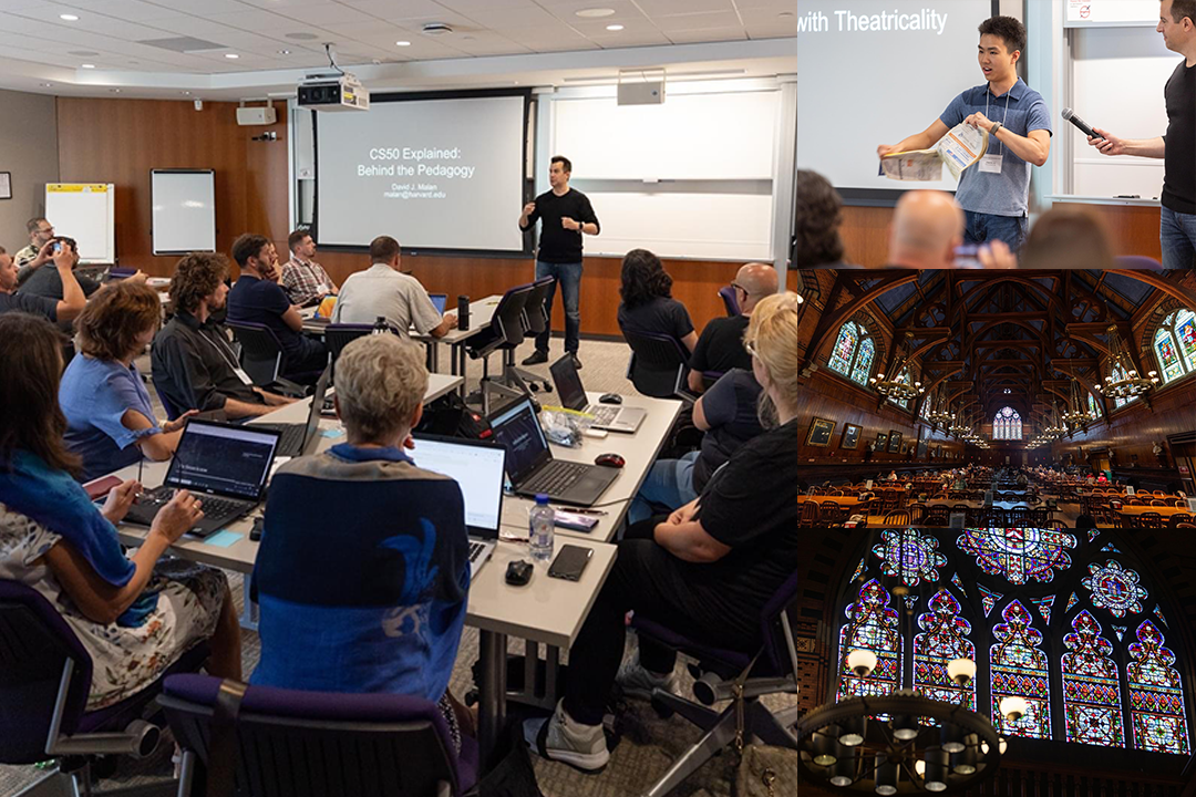 A collage of various images of a workshop and classroom with David Malan and CS50 staff