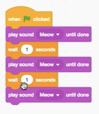 three blocks labeled "play sound Meow until done", with a "wait 1 second" block between each