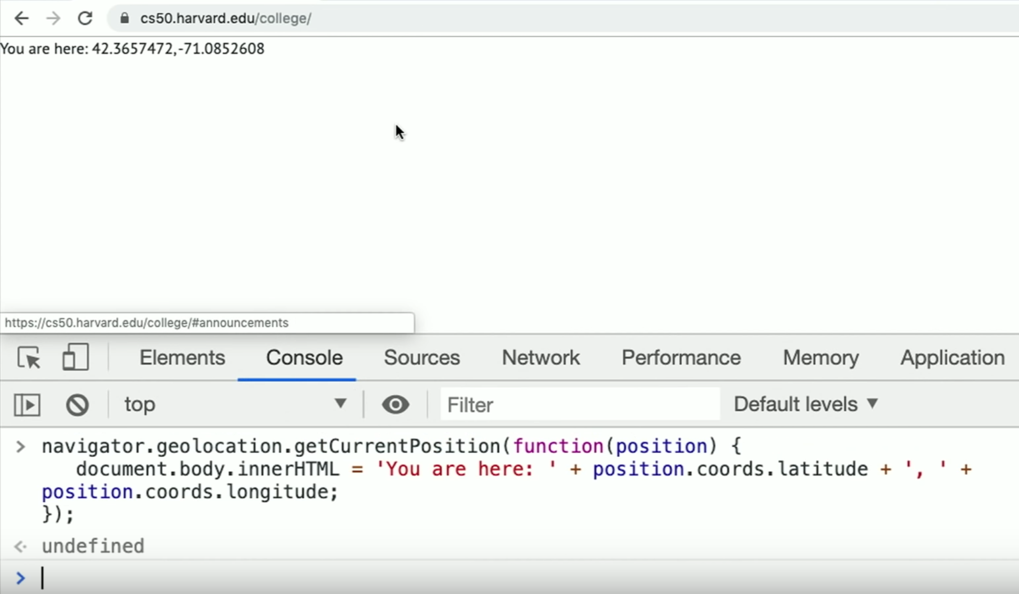 image of Google Chrome console with function for navigator.geolocation.getCurrentPosition aned coordinates displayed in body