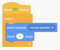 blocks labeled "forever" with "point towards mouse-pointer" and "move 1 steps" nested inside